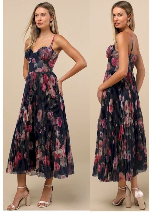 Lulus Dresses & Skirts - Lulus Alluring Invite Black Floral Pleated Bustier Midi Dress Size Small New NWT